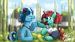 Size: 1192x670 | Tagged: safe, artist:skullfroggy, imported from derpibooru, oc, oc only, earth pony, unicorn, clothes, duo, earth pony oc, flower, flower in hair, glasses, hoofbump, horn, outdoors, sitting, unicorn oc