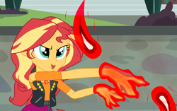 Size: 3300x2070 | Tagged: safe, artist:gmaplay, imported from derpibooru, sunset shimmer, equestria girls, magic, magic aura, my little pony equestria girls: better together, outdoors, solo, sunset shimmer day