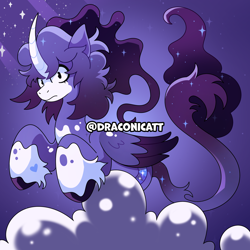 Size: 2590x2590 | Tagged: safe, artist:draconicatt, imported from derpibooru, oc, oc only, oc:cosmic sparkle, alicorn, alicorn oc, artfight, cloud, curved horn, folded wings, horn, looking at you, signature, solo, sparkles, tail, unshorn fetlocks, wings