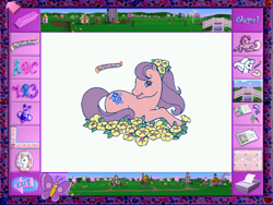 Size: 800x600 | Tagged: safe, imported from derpibooru, light heart, sweet berry, bee, butterfly, earth pony, insect, pony, my little pony: friendship gardens, 123, abc, alphabet, beauty salon, bridge, coloring, cottage, cursor, cute, dance studio, eraser, exit, female, flower, flower in hair, g2, g2 morningdorable, games cottage, garden, hair salon, letter, logo, mare, morning glory (g2), my little pony logo, numbers, oops, open mouth, open smile, pattern, pc game, ponyland, print, printable, rainbow, salon, school, shed, sitting, smiling, thatched roof cottages, video game, village, wagon, whiteboard