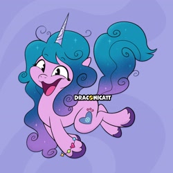 Size: 2702x2702 | Tagged: safe, artist:draconicatt, imported from derpibooru, izzy moonbow, pony, unicorn, bracelet, female, friendship bracelet, g5, horn, jewelry, mare, open mouth, open smile, signature, smiling, solo, tail, unshorn fetlocks