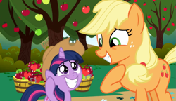 Size: 1165x672 | Tagged: safe, edit, edited screencap, imported from derpibooru, screencap, applejack, twilight sparkle, earth pony, pony, unicorn, season 4, season 9, somepony to watch over me, sparkle's seven, spoiler:s09, apple, apple tree, applejack's hat, basket, bush, cowboy hat, cropped, cute, day, duo, female, filly, filly twilight sparkle, flower, foal, food, grass, happy, hat, hatless, hoof on chest, horn, looking down, looking up, mare, missing accessory, motherly, outdoors, path, proud, raised hoof, smol, time paradox, tree, twiabetes, unicorn twilight, wait what, wide smile, younger