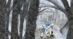 Size: 3226x1750 | Tagged: safe, artist:kirbirb, imported from ponybooru, oc, oc only, oc:delta dart, hippogriff, detailed background, fluffy, forest, hippogriff oc, looking behind you, snow, snowfall, solo, talons, winter, winter coat