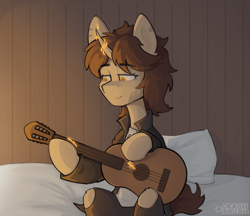 Size: 3064x2652 | Tagged: safe, artist:crashbrush, imported from derpibooru, oc, oc only, pony, unicorn, bed, clothes, commission, female, guitar, high res, horn, looking at something, magic, mare, musical instrument, pillow, sad smile, scar, sitting, sitting on bed, solo, telekinesis, yellow eyes