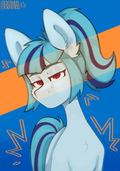 Size: 2091x2962 | Tagged: safe, artist:crashbrush, imported from derpibooru, sonata dusk, earth pony, pony, blue fur, bust, ear fluff, female, looking at you, mare, ponified, ponytail, rainbow rocks 10th anniversary, simple background, solo, two toned mane