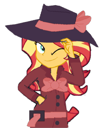 Size: 1126x1438 | Tagged: safe, artist:mlpfan3991, imported from derpibooru, rarity, sunset shimmer, human, display of affection, equestria girls, equestria girls series, clothes, detective, detective rarity, detective shimmer, fedora, female, hat, my little pony equestria girls: better together, simple background, solo, sunset shimmer day, transparent background, trenchcoat