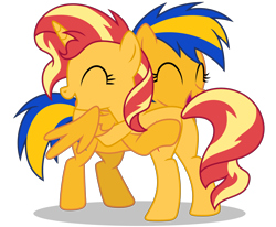 Size: 5944x4890 | Tagged: safe, artist:creedyboy124, imported from derpibooru, sunset shimmer, oc, oc:flare spark, pegasus, pony, unicorn, canon x oc, eyes closed, female, flareset, horn, hug, lesbian, mare, pegasus oc, shipping, simple background, transparent background, wings