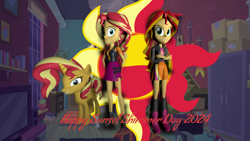 Size: 2048x1152 | Tagged: safe, artist:gaelgaming1, imported from derpibooru, sunset shimmer, human, pony, unicorn, equestria girls, 3d, boots, clothes, female, high heel boots, horn, jacket, shirt, shoes, skirt, solo, source filmmaker, sunset shimmer day