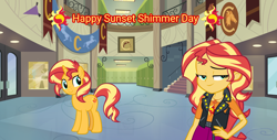 Size: 1518x772 | Tagged: safe, artist:lizzmcclin, imported from derpibooru, sunset shimmer, human, pony, unicorn, equestria girls, canterlot high, female, horn, solo, sunset shimmer day