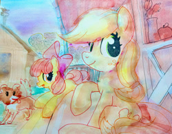 Size: 3300x2565 | Tagged: safe, imported from derpibooru, apple bloom, applejack, winona, dog, earth pony, pony, duo, female, filly, foal, mare, sweet apple acres, traditional art, watercolor painting