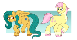 Size: 1555x803 | Tagged: safe, artist:lulubell, imported from derpibooru, fluttershy, hitch trailblazer, earth pony, pegasus, pony, abstract background, cutie mark swap, duo, g5, palette swap, recolor