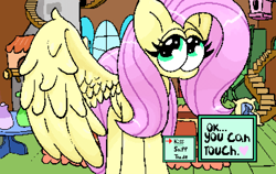 Size: 3800x2400 | Tagged: safe, artist:boneappleteeth, fluttershy, pegasus, female, fluttershy's cottage, indoors, mare, one wing out, pixel art, wings