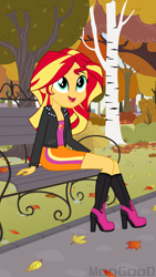 Size: 4203x7464 | Tagged: safe, artist:moogood, imported from derpibooru, sunset shimmer, human, equestria girls, absurd resolution, autumn, autumn leaves, bench, boots, clothes, complex background, cute, cutie mark, cutie mark on clothes, equinox, fall equinox, female, happy, high heel boots, jacket, leaf, leaves, looking up, outdoors, park, park bench, png, shimmerbetes, shoes, signature, sitting, skirt, smiling, solo, sunset shimmer day, tanktop, tree, vector