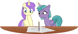 Size: 2154x953 | Tagged: safe, artist:equestriaexploration, imported from derpibooru, alula, pluto, princess erroria, alicorn, pony, 4chan, duo, duo female, female, g5, generational ponidox, magic, mare, my little pony: tell your tale, paper, shiny sparks, show accurate, simple background, tell your tale accurate, transparent background