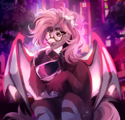 Size: 3702x3567 | Tagged: safe, artist:sweettsa1t, imported from derpibooru, oc, bat pony, pony, bat pony oc, bat wings, city, ear piercing, earring, female, freckles, glasses, helmet, high res, hoof hold, jewelry, looking at you, mare, piercing, round glasses, sitting, solo, unshorn fetlocks, wings