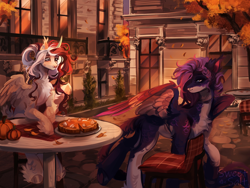 Size: 2560x1920 | Tagged: safe, artist:sweettsa1t, imported from derpibooru, oc, oc only, alicorn, pegasus, pony, autumn, chest fluff, commission, duo, duo female, ear piercing, earring, falling leaves, feathered fetlocks, female, high res, jewelry, leaves, lidded eyes, mare, pale belly, piercing, pumpkin, pumpkin pie, sitting, smiling