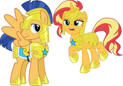 Size: 3354x2348 | Tagged: safe, artist:chainchomp2, artist:gmaplay, edit, imported from derpibooru, vector edit, flash sentry, sunset shimmer, pegasus, pony, unicorn, equestria girls, three's a crowd, armor, clothes, cute, duo, duo male and female, female, flashimmer, guardsmare, horn, male, mare, royal guard, shimmerbetes, shipping, simple background, spread wings, stallion, standing, straight, sunset shimmer day, transparent background, vector, wings