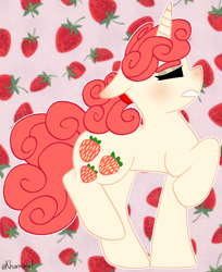 Size: 588x722 | Tagged: safe, artist:kharmacal, imported from derpibooru, oc, oc only, oc:sassy strawberry, unicorn, food, horn, solo, strawberry