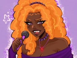 Size: 2160x1620 | Tagged: safe, artist:serawtf21, imported from derpibooru, adagio dazzle, human, bedroom eyes, choker, clothes, dark skin, eyebrow piercing, fangs, female, gem, hairband, humanized, microphone, nail polish, nose piercing, nose ring, open mouth, piercing, purple background, shirt, simple background, siren gem, solo, spiked choker