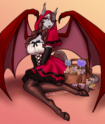 Size: 2558x3034 | Tagged: safe, artist:blackblood-queen, imported from ponybooru, oc, oc only, oc:scarlet quill, anthro, bat pony, unguligrade anthro, anthro oc, basket, bat pony oc, bat wings, big breasts, breasts, busty oc, candy, cleavage, clothes, commission, costume, digital art, eyeshadow, fangs, female, fishnet clothing, fishnets, food, halloween, halloween 2024, halloween costume, holiday, lipstick, little red riding hood, makeup, mare, milf, nightmare night, nightmare night 2024, nightmare night costume, slit pupils, smiling, socks, solo, stockings, thigh highs, wings