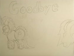 Size: 4567x3472 | Tagged: safe, artist:acid flask, imported from derpibooru, oc, oc only, oc:acid flask, goodbye, sad, sketch, text, traditional art