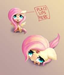 Size: 4000x4700 | Tagged: safe, artist:anastas, imported from derpibooru, fluttershy, pegasus, pony, blushing, chibi, commission, cute, eyelashes, floppy ears, gradient background, kiss mark, lipstick, open mouth, shyabetes, solo, spread wings, sternocleidomastoid, text, wings, ych example, your character here