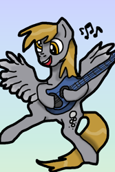 Size: 512x768 | Tagged: safe, artist:background_pon3, imported from derpibooru, derpy hooves, pegasus, pony, cutie mark, derp, guitar, music notes, musical instrument, playing guitar, rainbow rocks 10th anniversary, solo, wings