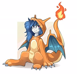 Size: 2048x2033 | Tagged: safe, artist:buvanybu, imported from ponybooru, oc, oc only, oc:delta dart, charizard, hippogriff, pony, clothes, costume, hippogriff oc, male, onesie, pokémon, simple background, solo