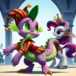 Size: 1024x1024 | Tagged: safe, imported from ponybooru, rarity, spike, dragon, unicorn, ai content, ai generated, female, jester spike, male, shipping, sparity, straight