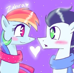 Size: 720x708 | Tagged: safe, imported from ponybooru, rainbow dash, soarin', pegasus, pony, blushing, clothes, cute, dashabetes, female, looking at each other, male, mare, scarf, shipping, soarindash, stallion, straight