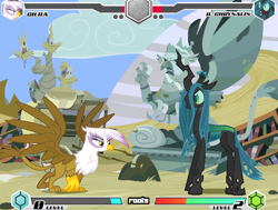 Size: 636x480 | Tagged: safe, imported from ponybooru, gilda, queen chrysalis, griffon, fighting is magic, fan game, fighting is magic - roots, griffonstone, hp, low, stone, walking