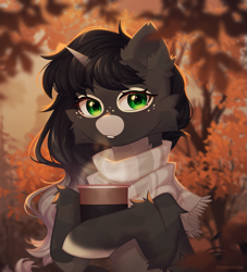 Size: 1819x2000 | Tagged: safe, artist:floweryoutoday, imported from derpibooru, oc, oc only, oc:obsidian limelight, crystal pony, unicorn, autumn, clothes, coffee, green eyes, horn, looking at you, scarf