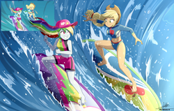 Size: 3034x1934 | Tagged: safe, artist:the-butch-x, imported from derpibooru, applejack, rainbow dash, human, apple, applejack's beach shorts swimsuit, applejack's hat, bangs, barefoot, belly, belly button, cap, clothes, cowboy hat, cutie mark, cutie mark on clothes, duo, duo female, feet, female, food, freckles, geode of super speed, geode of super strength, hat, looking at each other, magical geodes, nudity, ocean, outdoors, rainbow dash's beach shorts swimsuit, redraw, scene interpretation, shorts, smiling, surfboard, surfing, thunderbolt, toes, water, wave, windswept hair