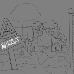 Size: 1155x1155 | Tagged: safe, imported from derpibooru, earth pony, pony, unicorn, beavis, beavis and butthead, butthead, danger zone, drawthread, duo, duo female, duochrome, female, gray background, horn, lineart, mare, not pinkie pie, not twilight sparkle, nuclear explosion, ponified, ponified animal photo, ponified horse photo, requested art, simple background, trespassing