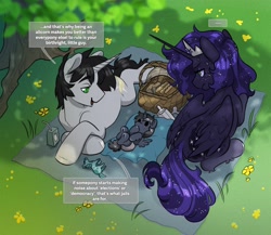 Size: 2400x2084 | Tagged: safe, artist:opalacorn, imported from derpibooru, oc, oc only, oc:princess astri, oc:silver star, alicorn, pony, unicorn, ..., baby, baby bottle, baby pony, basket, bottle, colt, commission, dialogue, diaper, family, female, foal, food, horn, juice, juice box, male, mare, oc x oc, overhead view, picnic basket, picnic blanket, sandwich, shipping, speech bubble, stallion, straight, trio, wings