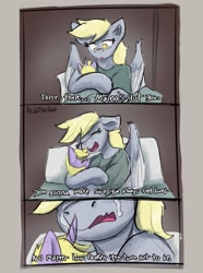 Size: 1974x2656 | Tagged: safe, artist:reddthebat, imported from derpibooru, derpy hooves, dinky hooves, pegasus, pony, unicorn, baby, baby pony, comic, crying, dialogue, duo, duo female, female, filly, foal, holding a pony, horn, mare, mother and child, mother and daughter, newborn