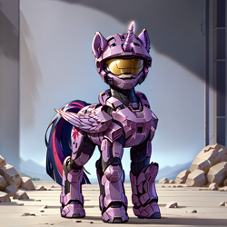 Size: 1024x1024 | Tagged: safe, imported from derpibooru, twilight sparkle, alicorn, pony, ai content, ai generated, armor, generator:autismmix pony, generator:stable diffusion, halo (series), looking at you, outdoors, prompter:thunderflash, solo, spartan