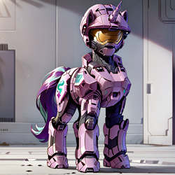 Size: 1024x1024 | Tagged: safe, imported from derpibooru, starlight glimmer, pony, unicorn, ai content, ai generated, armor, generator:autismmix pony, generator:stable diffusion, halo (series), horn, outdoors, prompter:thunderflash, solo, spartan