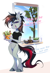 Size: 1983x2876 | Tagged: safe, artist:mithriss, imported from derpibooru, oc, oc only, oc:#, anthro, earth pony, pony, unguligrade anthro, accessory, chest fluff, clothes, ear piercing, earring, female, jewelry, mare, piercing, plant, shirt, solo, t-shirt, text, window