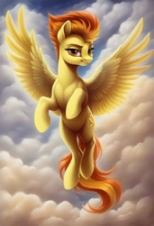 Size: 832x1216 | Tagged: safe, imported from derpibooru, spitfire, pegasus, pony, ai content, ai generated, cloud, female, flying, full body, generator:civitai, generator:pony diffusion v6 xl, generator:stable diffusion, looking at you, outdoors, prompter:nickdisneyfan78, sky, solo, solo female