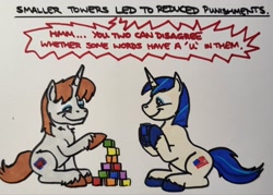 Size: 2048x1463 | Tagged: safe, artist:hoofclid, imported from derpibooru, shining armor, oc, oc:hoofclid, pony, unicorn, blocks, duo, duo male, horn, male, marker drawing, sitting, smiling, traditional art