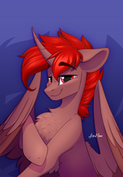 Size: 1394x2008 | Tagged: safe, artist:alrumoon_art, imported from derpibooru, oc, oc:hardy, alicorn, pony, chest fluff, heart, heart eyes, looking at you, male, smiling, solo, stallion, wingding eyes