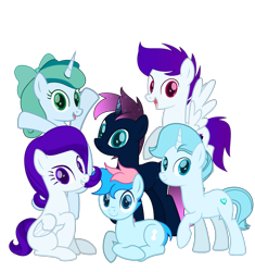 Size: 3760x4000 | Tagged: safe, artist:ramixe dash, imported from derpibooru, oc, oc only, oc:blue chewings, oc:crystal heart g5, oc:lightning stars, oc:osiris eclipse, oc:prixy, oc:violet sparkle, earth pony, pegasus, pony, unicorn, base used, g5, g5 to g4, generation leap, horn, text, watermark