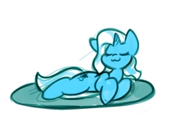 Size: 1051x755 | Tagged: safe, artist:zutcha, imported from derpibooru, trixie, pony, unicorn, cute, diatrixes, eyes closed, female, horn, lying down, mare, on side, simple background, sketch, smiling, solo, white background