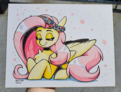 Size: 560x424 | Tagged: safe, artist:lrusu, imported from derpibooru, pegasus, pony, chest fluff, female, floral head wreath, flower, lying down, mare, prone, solo, traditional art