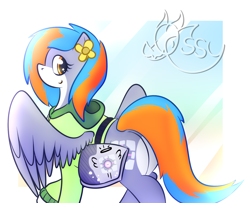 Size: 1600x1300 | Tagged: safe, imported from derpibooru, oc, oc only, oc:portal bump, pegasus, pony, bag, clothes, companion cube, female, flower, flower on ear, hoodie, looking at you, looking back, pegasus oc, portal (valve), solo, wings