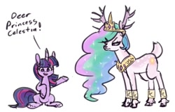 Size: 1240x800 | Tagged: safe, artist:king-kakapo, imported from derpibooru, princess celestia, twilight sparkle, deer, pony, unicorn, antlers, celestia is not amused, cloven hooves, dear princess celestia, deer princess celestia, deerified, deerlestia, dialogue, duo, female, frown, looking at you, mare, narrowed eyes, pun, simple background, sitting, species swap, talking to viewer, unamused, unicorn twilight, visual pun, white background