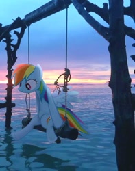 Size: 579x736 | Tagged: safe, edit, imported from derpibooru, rainbow dash, pegasus, cute, happy, lighting, ocean, reflection, sunset, swing, water