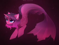 Size: 3145x2425 | Tagged: safe, artist:red_tsukini, imported from derpibooru, oc, oc only, oc:garnet midnight, merpony, seapony (g4), bubble, cute, digital art, dorsal fin, ear fluff, eye clipping through hair, eyelashes, female, fin, fins, fish tail, flowing mane, flowing tail, jewelry, mare, ocean, scales, seaponified, seaunicorn, simple background, smiling, solo, species swap, swimming, tail, underwater, water