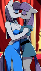 Size: 422x735 | Tagged: safe, imported from derpibooru, prompter:genderface, maud pie, mudbriar, octavia melody, anthro, earth pony, ai content, ai generated, big breasts, blushing, breasts, busty maud pie, clothes, dress, duo, female, generator:novelai, generator:stable diffusion, indoors, kissing, lesbian, lowres, male, shipping, straight